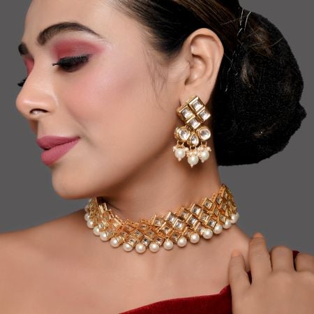 Pearl Lattice Mirror Stone Choker Necklace Set with Matching Earrings